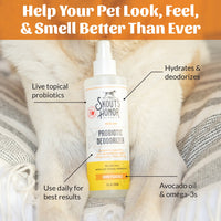 Dog Dish Skout's Honor honeysuckle probiotic pet deodorizer spray bottle with avocado oil for skin and coat health