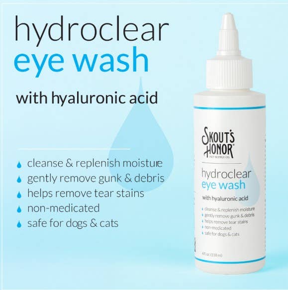 Dog Dish Skout's Honor HydroClear Eye Wash bottle with hyaluronic acid for gentle pet eye cleaning and tear stains.