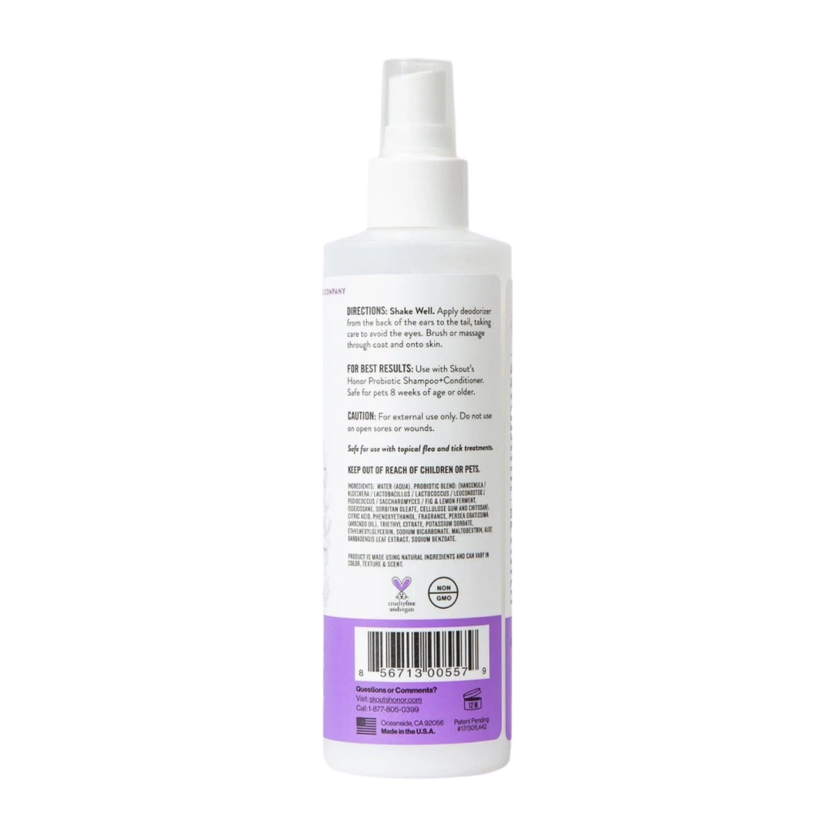 Dog Dish Skout's Honor lavender probiotic pet deodorizer spray bottle back label with ingredients and instructions