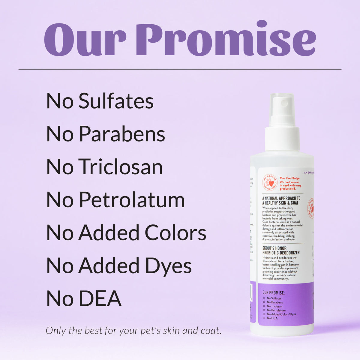 Dog Dish Skout's Honor probiotic lavender pet deodorizer spray bottle against a list of natural ingredient promises.