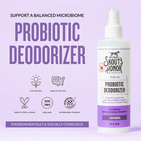Dog Dish Skout's Honor lavender probiotic pet deodorizer spray bottle with natural ingredients and microbiome support.