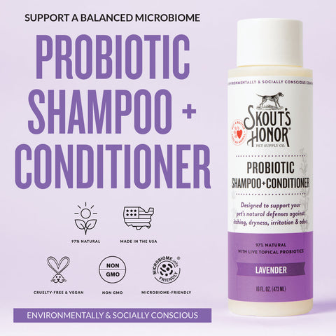 Dog Dish Skout's Honor lavender probiotic 2-in-1 dog shampoo and conditioner bottle with natural ingredients