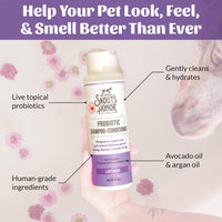 Dog Dish Skout's Honor lavender probiotic shampoo and conditioner bottle with avocado and argan oil for dog skin care.