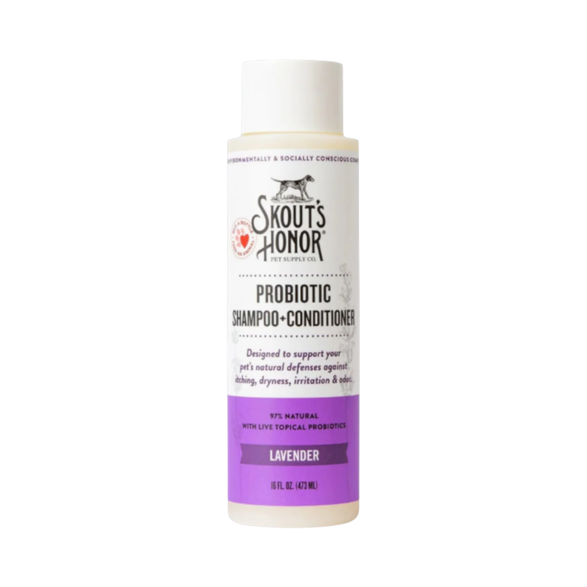 Dog Dish Skout's Honor lavender probiotic 2-in-1 shampoo and conditioner bottle for dogs with sensitive skin