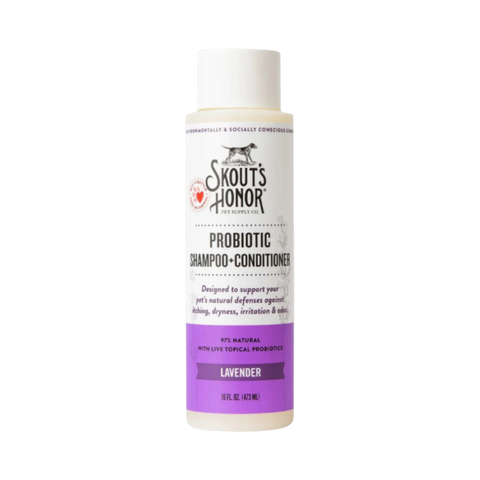 Dog Dish Skout's Honor lavender probiotic 2-in-1 shampoo and conditioner bottle for dogs with sensitive skin