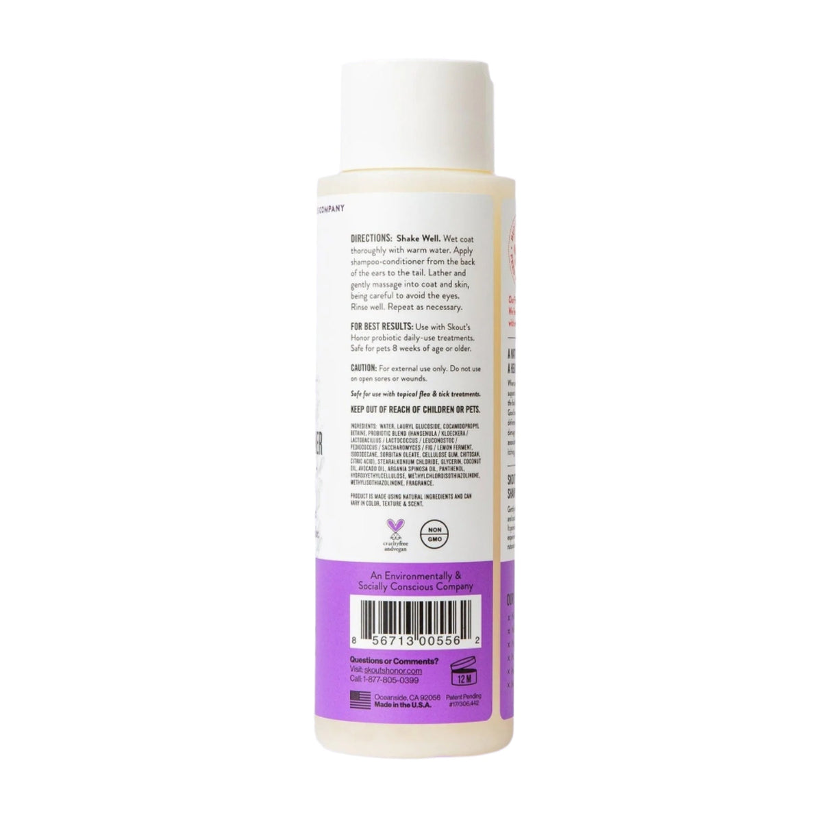 Dog Dish Skout's Honor lavender probiotic shampoo and conditioner bottle back label with ingredients and instructions