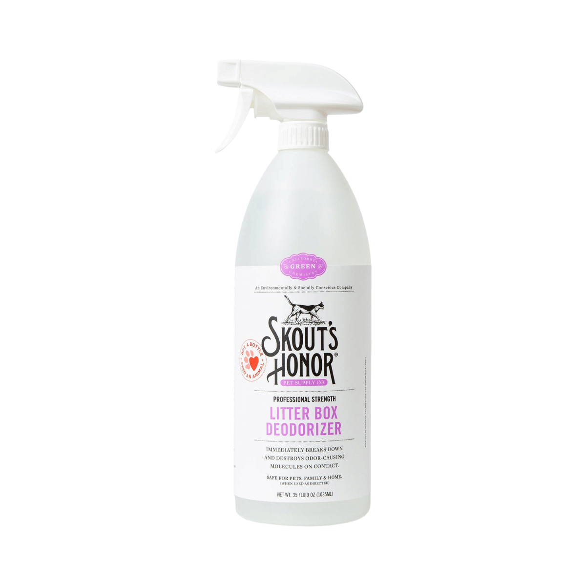 Dog Dish Skout's Honor litter box deodorizer spray bottle for cats to eliminate odors and pheromones.