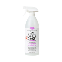 Dog Dish Skout's Honor litter box deodorizer spray bottle for cats to eliminate odors and pheromones.