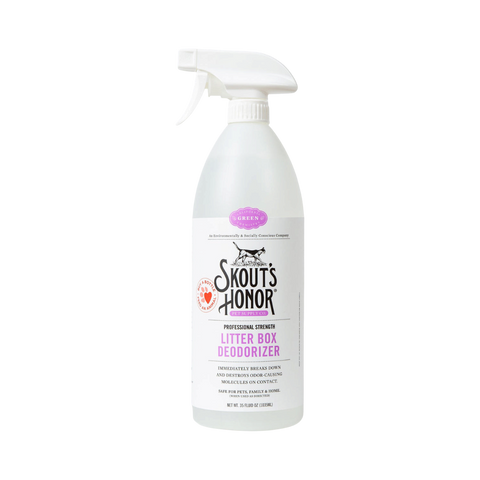 Dog Dish Skout's Honor litter box deodorizer spray bottle for cats to eliminate odors and pheromones.