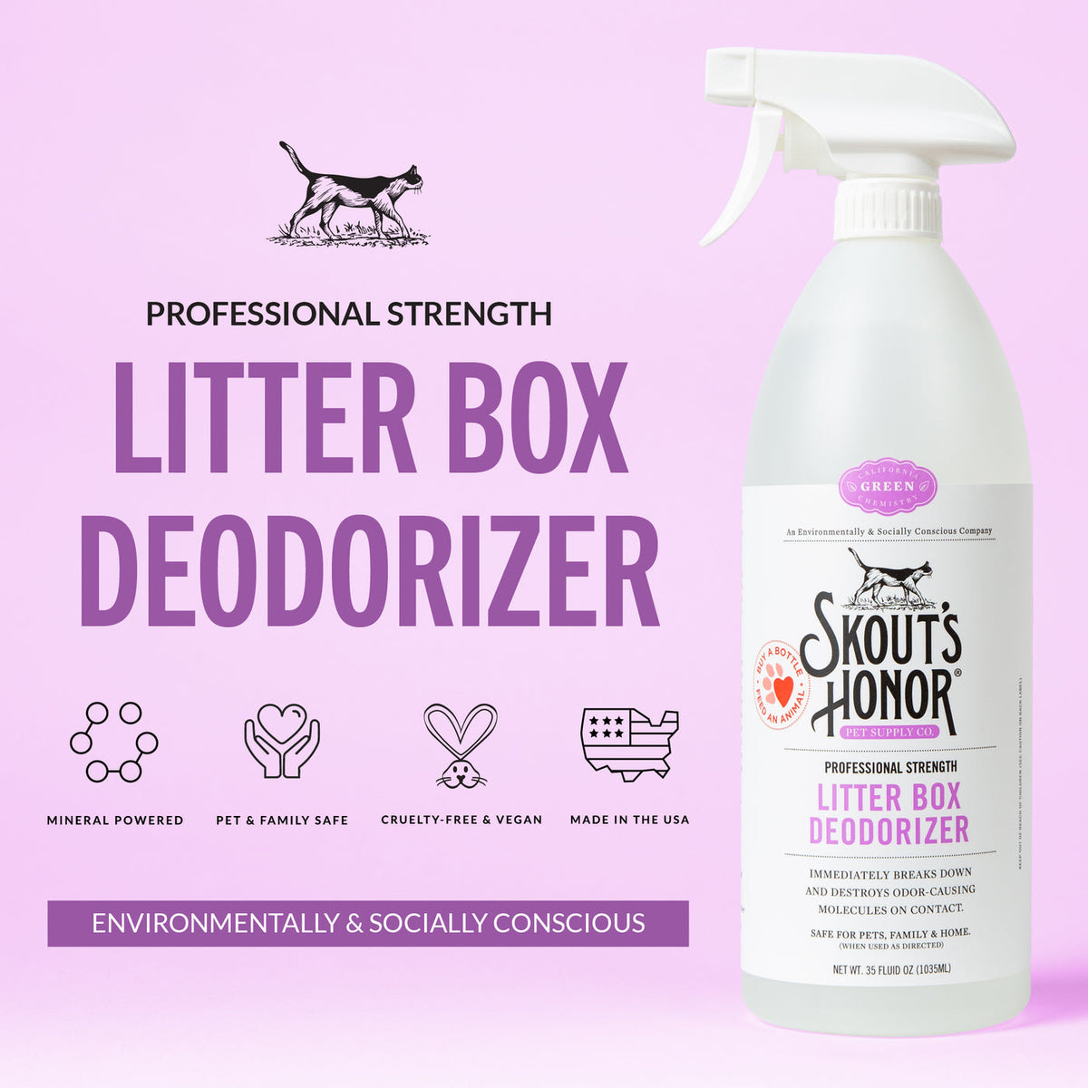 Dog Dish Skout's Honor litter box deodorizer spray bottle on a light pink background with product benefits listed.
