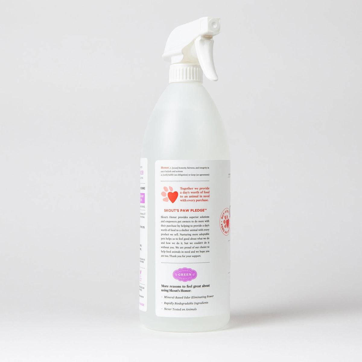 Dog Dish Skout's Honor cat litter box deodorizer spray bottle with a white label on a plain background.
