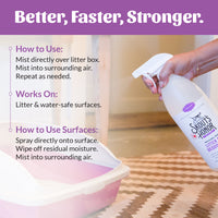 Dog Dish Skout's Honor cat litter box deodorizer spray bottle being used near a pink litter box