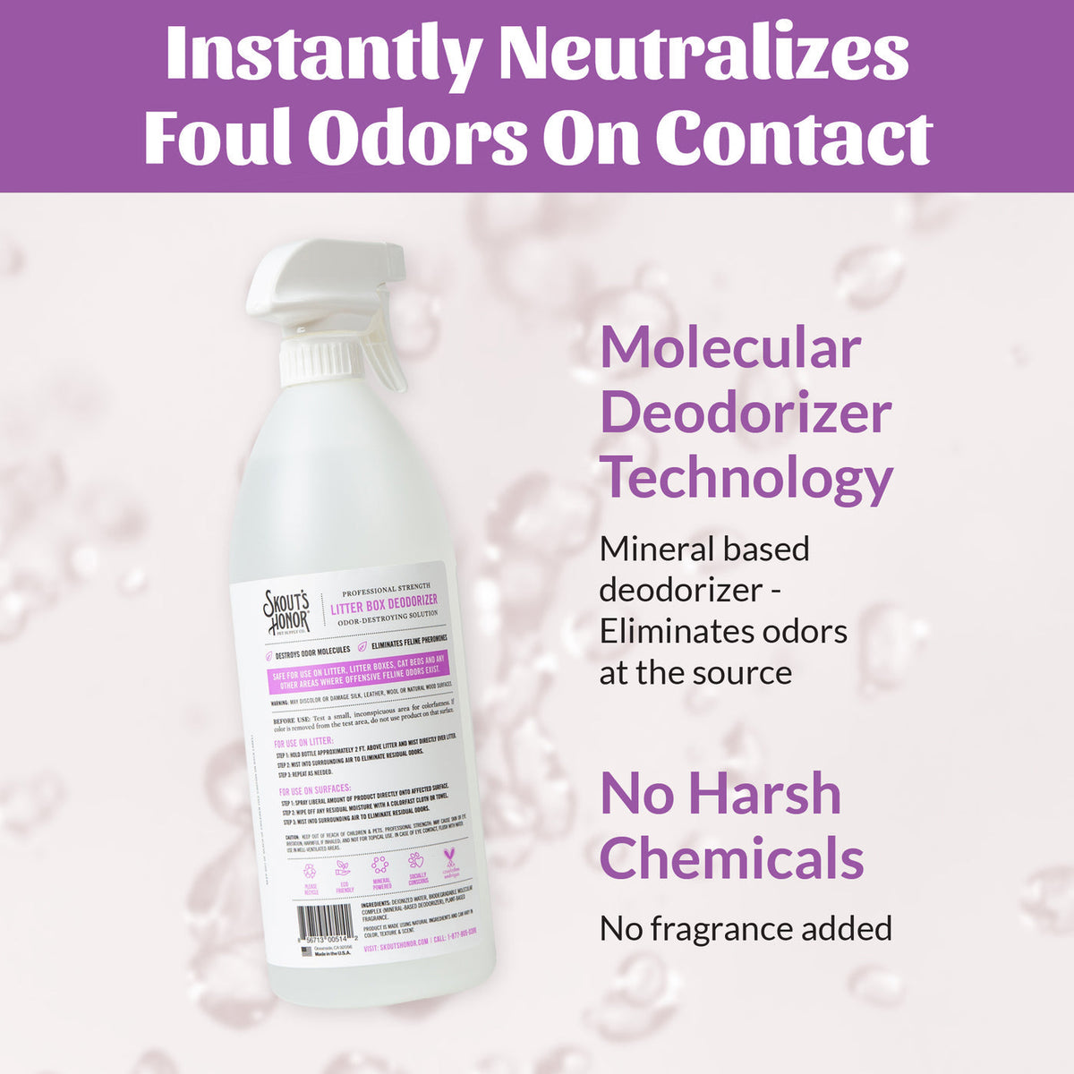 Dog Dish Skout's Honor litter box deodorizer spray bottle with mineral-based odor-neutralizing technology