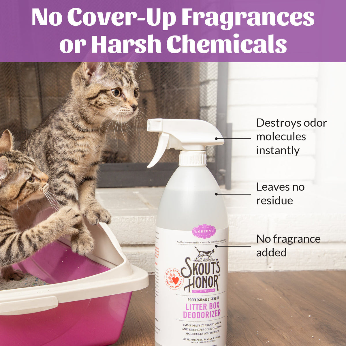 Dog Dish Skout's Honor litter box deodorizer spray bottle next to a cat using a pink litter box
