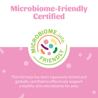Dog Dish Skout's Honor Happy Puppy Shampoo Microbiome-Friendly certified seal on a pink background