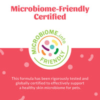 Dog Dish Skouts Honor Prebiotic Pet Balm microbiome-friendly certification badge on a pink background