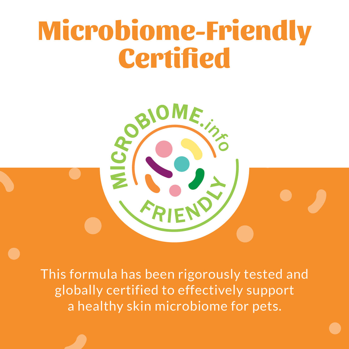 Dog Dish Skout's Honor probiotic shampoo and conditioner Microbiome-Friendly certified logo on orange background