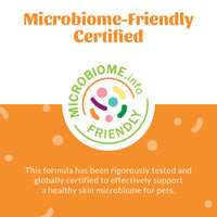 Dog Dish Skout's Honor probiotic shampoo and conditioner Microbiome-Friendly certified logo on orange background