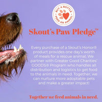 Dog Dish Skout's Honor Paw Pledge graphic featuring a dog's snout on a purple background explaining the rescue meal program