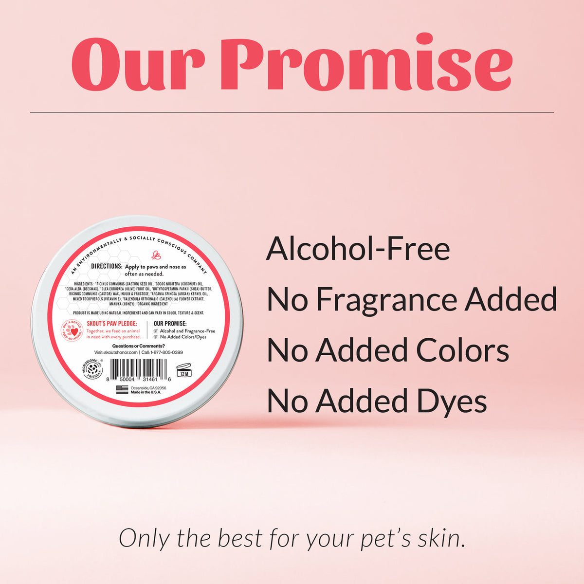 Dog Dish Skouts Honor Prebiotic Pet Balm tin showing ingredient list and promises on a soft pink background