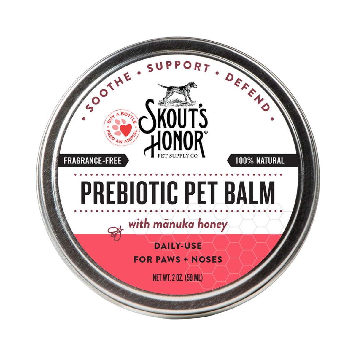 Dog Dish Skouts Honor Prebiotic Pet Balm in a round metal tin for soothing dry dog and cat paws and noses.
