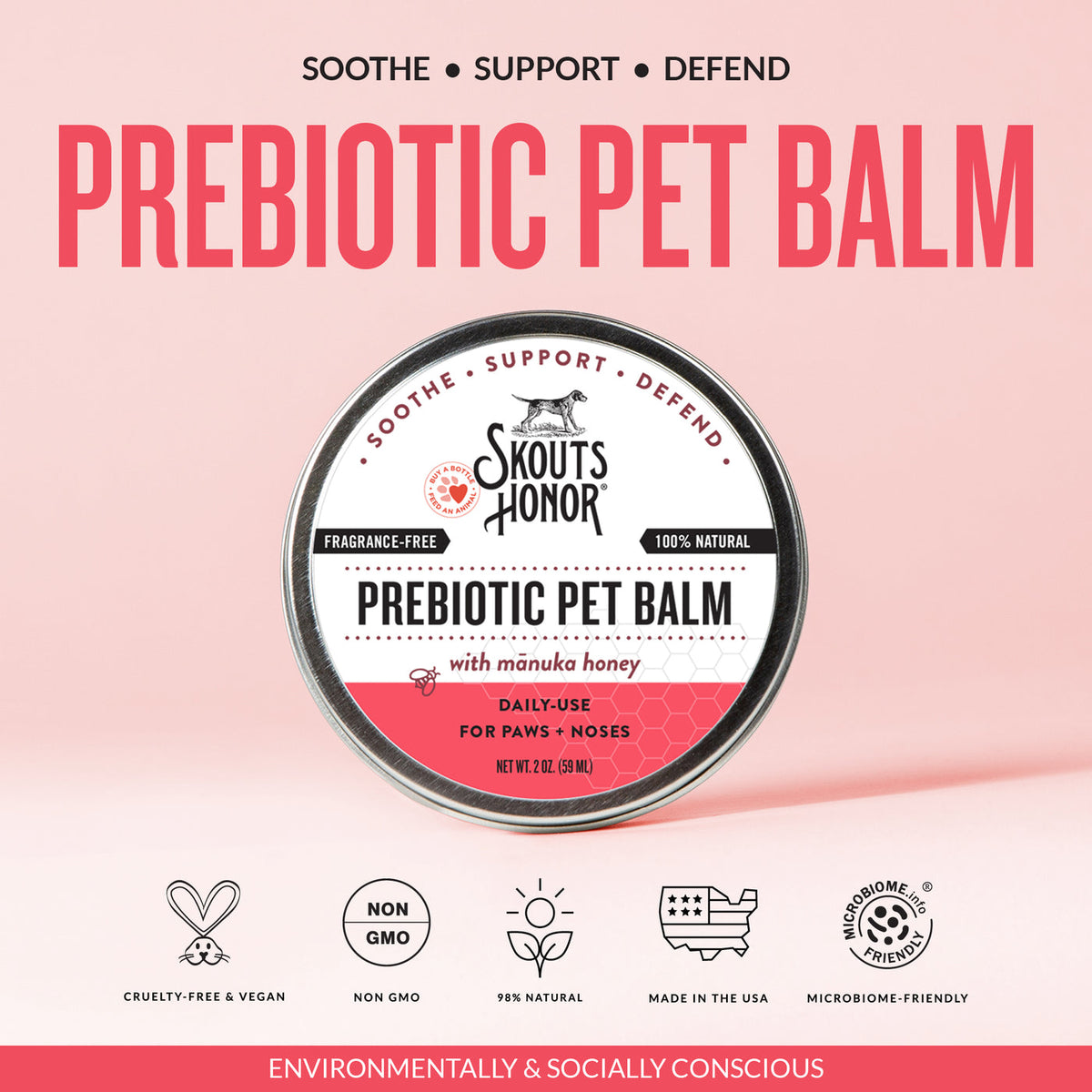 Dog Dish Skouts Honor Prebiotic Pet Balm in a metal tin for soothing dry dog and cat paws and noses with manuka honey