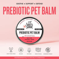 Dog Dish Skouts Honor Prebiotic Pet Balm in a metal tin for soothing dry dog and cat paws and noses with manuka honey