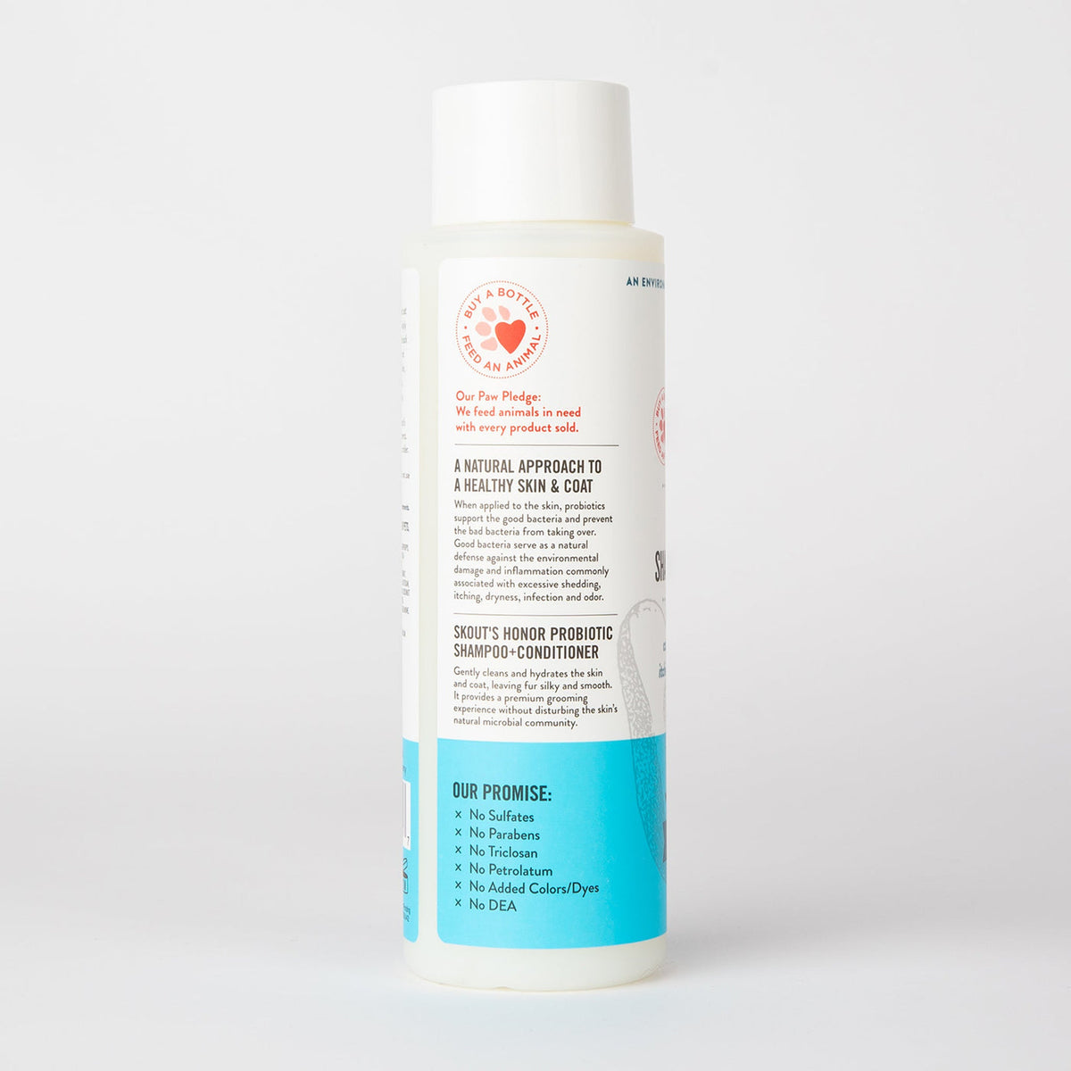 Dog Dish Skouts Honor fragrance-free probiotic cat shampoo bottle showing ingredient benefits and brand mission