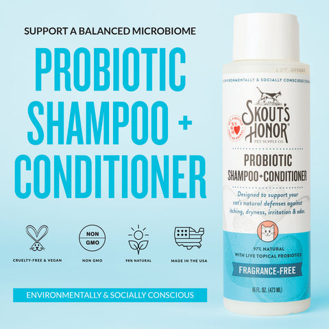 Dog Dish Skouts Honor fragrance-free probiotic cat shampoo and conditioner bottle with natural ingredients