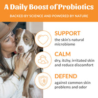 Dog Dish Skout's Honor probiotic deodorizer benefits infographic showing a woman cuddling a dog with skin care icons
