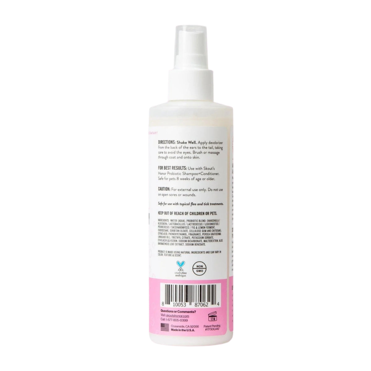 Dog Dish Skout's Honor Happy Puppy probiotic dog deodorizer spray bottle back label with ingredients and instructions