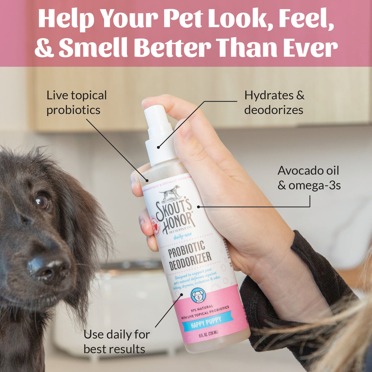 Dog Dish Skout's Honor Happy Puppy probiotic deodorizer spray bottle held by a person next to a black dog