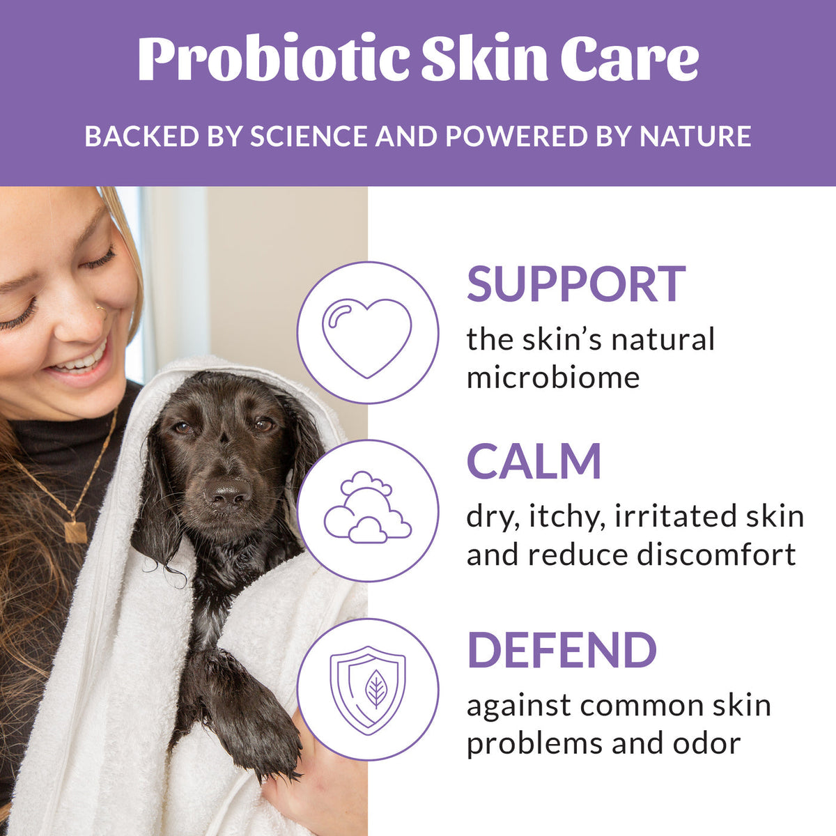 Dog Dish Skout's Honor probiotic deodorizer benefits infographic featuring a woman holding a dog in a white towel.