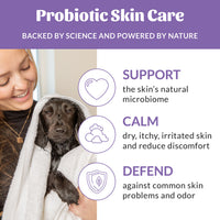 Dog Dish Skout's Honor probiotic deodorizer benefits infographic featuring a woman holding a dog in a white towel.