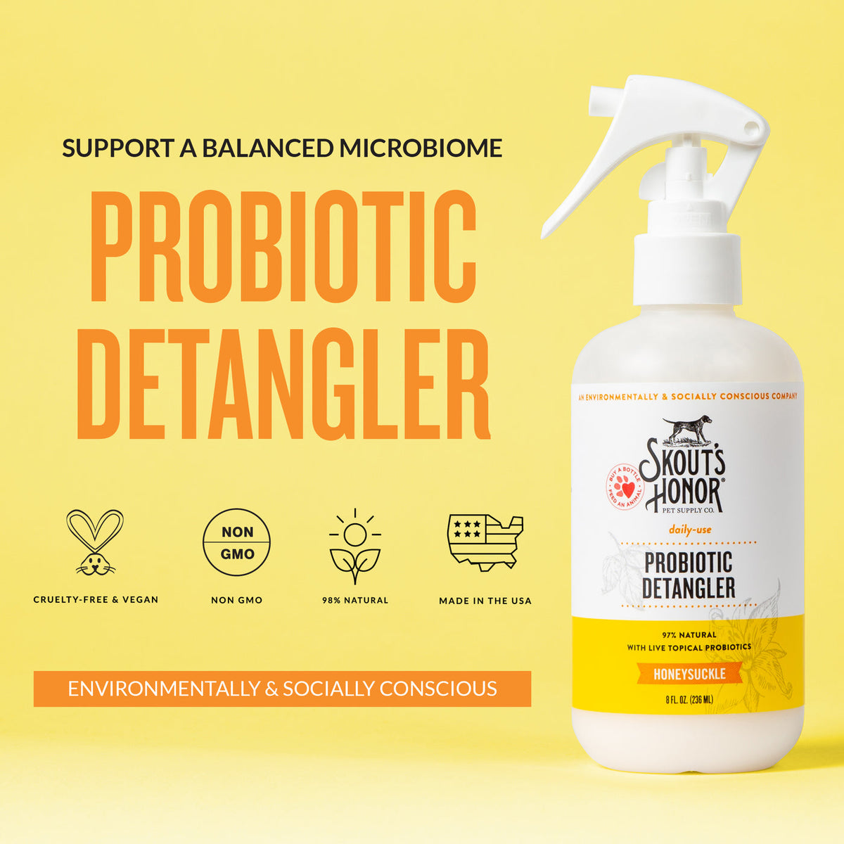 Dog Dish Skout's Honor probiotic honeysuckle detangler spray bottle for pet grooming on a yellow background.