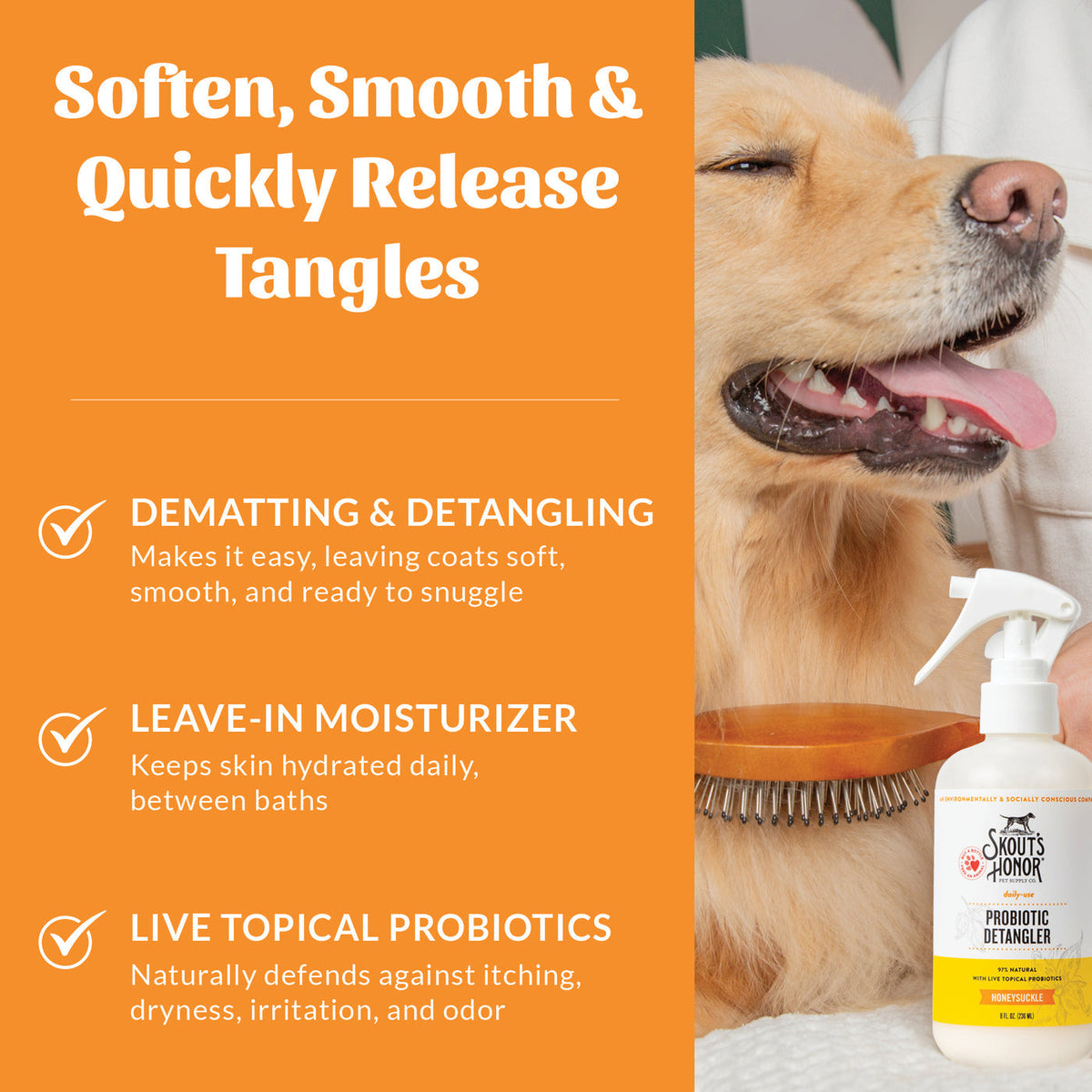 Dog Dish Skout's Honor probiotic honeysuckle detangler spray bottle next to a golden retriever being brushed