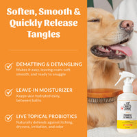 Dog Dish Skout's Honor probiotic honeysuckle detangler spray bottle next to a golden retriever being brushed
