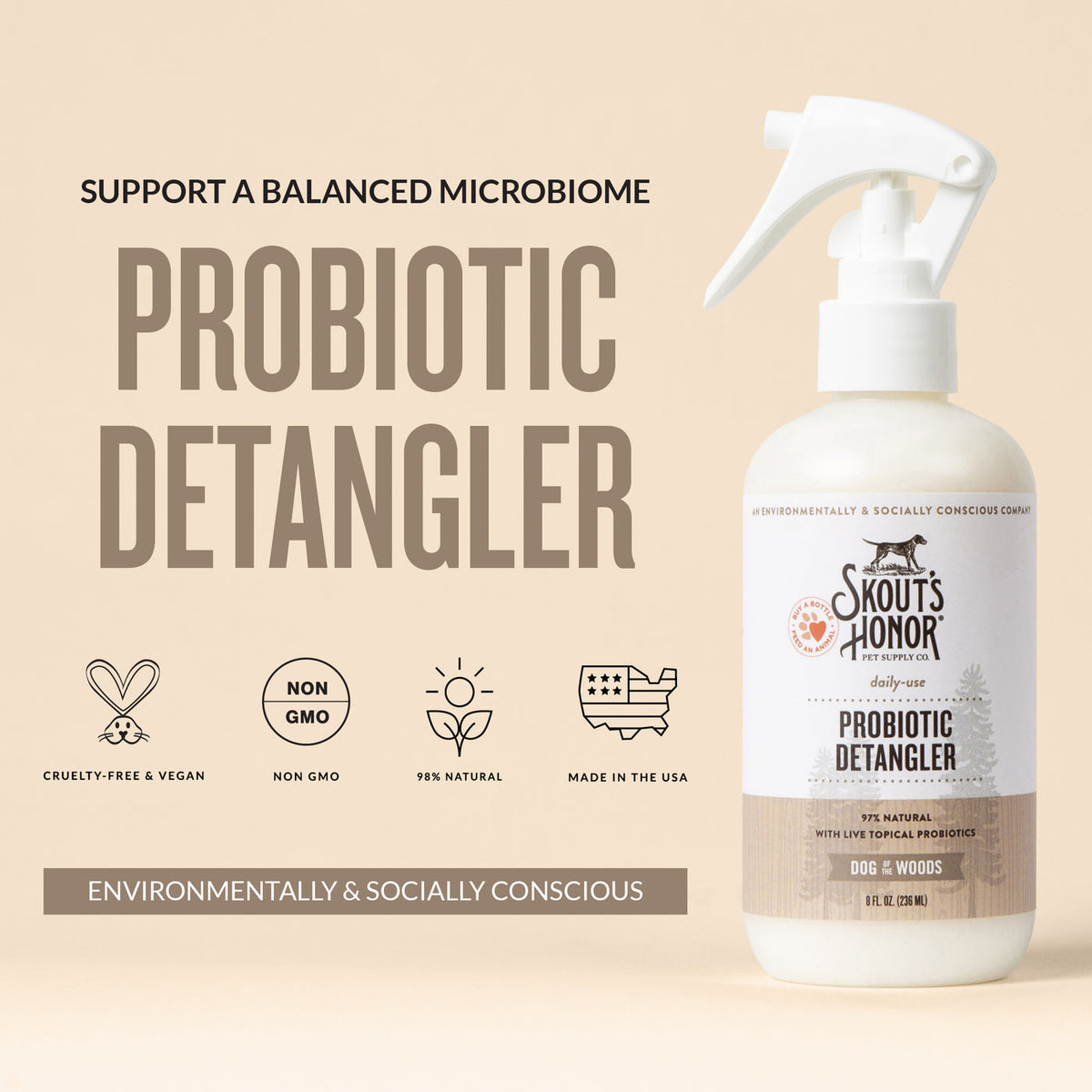 Dog Dish Skout's Honor Dog of the Woods probiotic detangler spray bottle for dogs on a neutral background.