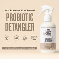 Dog Dish Skout's Honor Dog of the Woods probiotic detangler spray bottle for dogs on a neutral background.