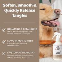 Dog Dish Skout's Honor probiotic detangler spray bottle next to a golden retriever being brushed