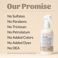 Dog Dish Skout's Honor Dog of the Woods probiotic detangler spray bottle featuring a list of natural ingredients.