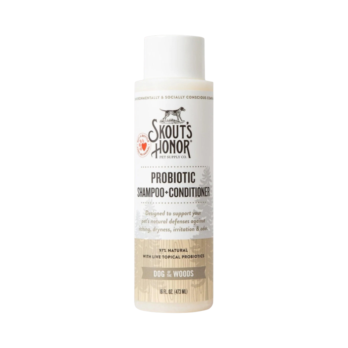 Dog Dish Skout's Honor Dog of the Woods probiotic shampoo and conditioner bottle for dogs with natural ingredients.