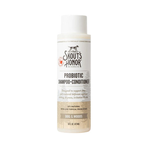 Dog Dish Skout's Honor Dog of the Woods probiotic shampoo and conditioner bottle for dogs with natural ingredients.