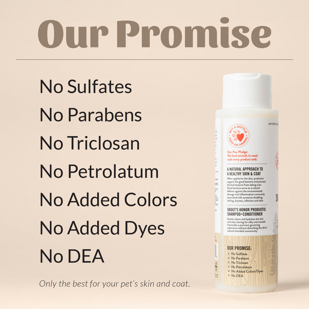 Dog Dish Skout's Honor probiotic shampoo and conditioner bottle with ingredient promise list on a beige background