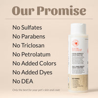 Dog Dish Skout's Honor probiotic shampoo and conditioner bottle with ingredient promise list on a beige background