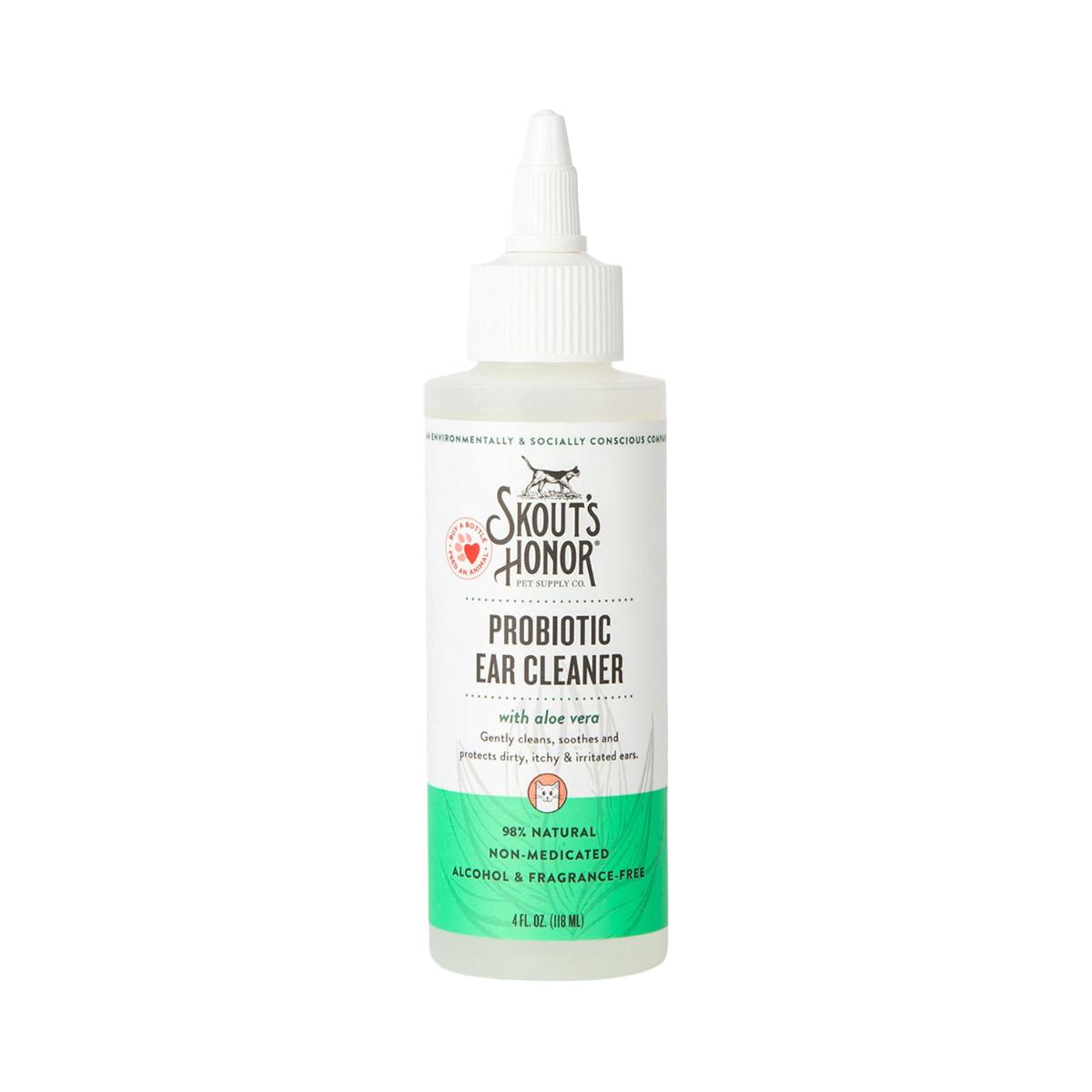 Dog Dish Skout's Honor probiotic ear cleaner for cats in a 4 fl oz bottle with aloe vera for soothing ear care.