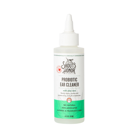 Dog Dish Skout's Honor probiotic ear cleaner for cats in a 4 fl oz bottle with aloe vera for soothing ear care.