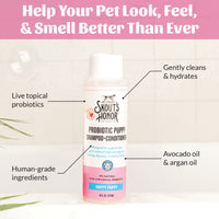 Dog Dish Skout's Honor probiotic puppy shampoo and conditioner bottle with avocado and argan oil for sensitive skin