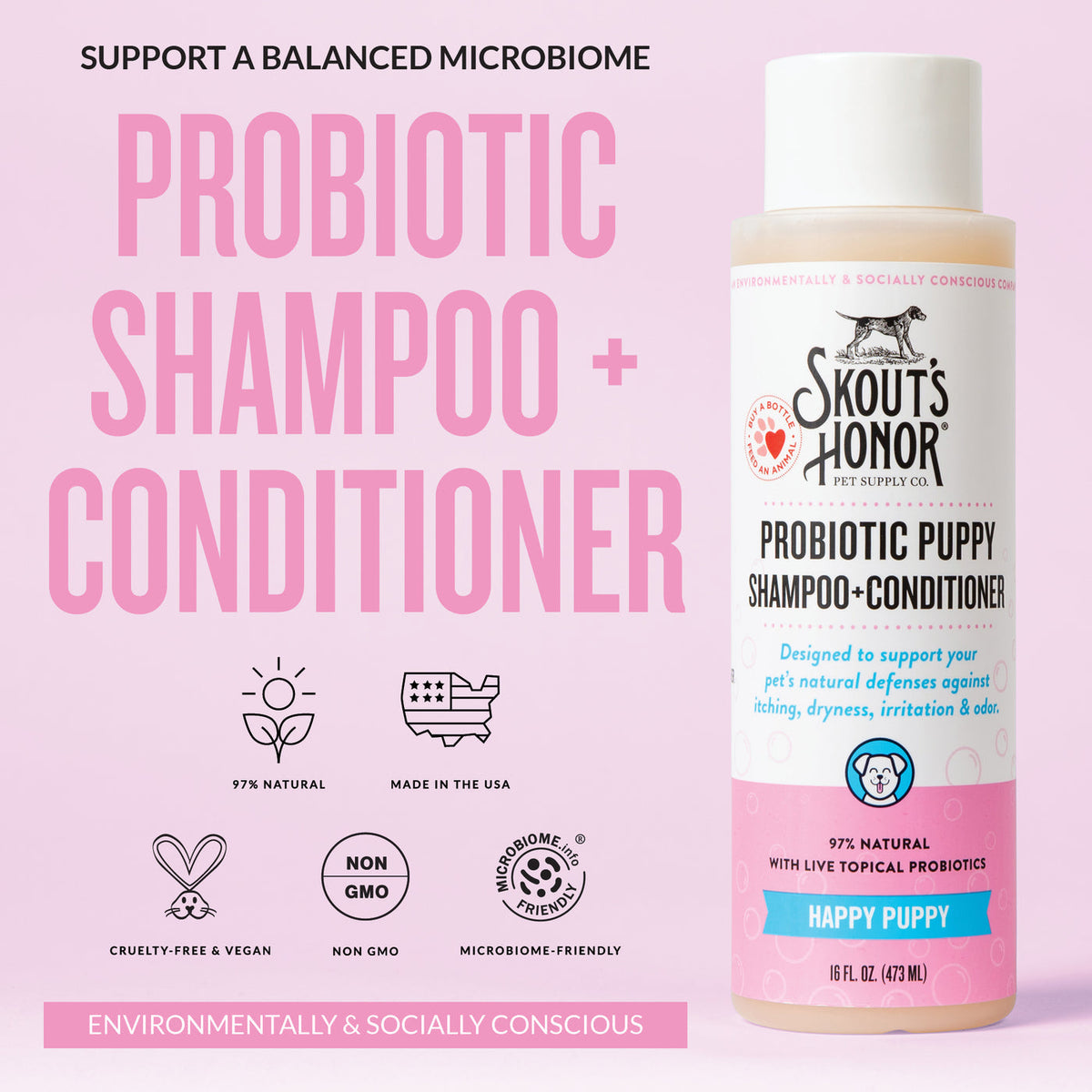 Dog Dish Skout's Honor Happy Puppy probiotic shampoo and conditioner bottle on a soft pink background.