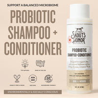 Dog Dish Skout's Honor Dog of the Woods probiotic shampoo and conditioner bottle with natural ingredients and icons.